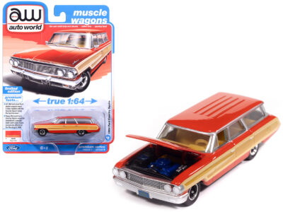 1964 Ford Country Squire Poppy Red with Woodgrain Sides "Muscle Wagons" Series 1/64 Diecast Model Car by Auto World