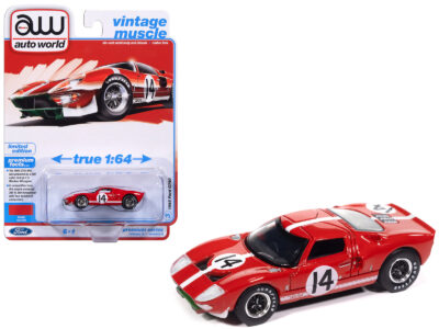 1965 Ford GT40 #14 Red with White Stripes "Vintage Muscle" Series 1/64 Diecast Model Car by Auto World