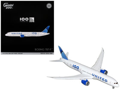 Boeing 787-9 Commercial Aircraft with Flaps Down "United Airlines 100 Years" (N61101) White with Graphics and Blue Tail "Gemini 200" Series 1/200 Diecast Model by GeminiJets