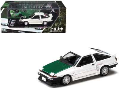 Toyota Sprinter Trueno (AE86) RHD (Right Hand Drive) "Keiichi Tsuchiya - Dori Dori Mesh Wheels" White with Green Carbon Hood 1/64 Diecast Model Car by Hobby Japan