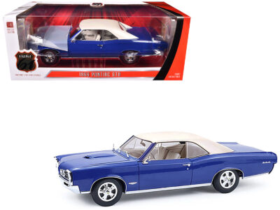 1966 Pontiac GTO Barrier Blue with White Top and Interior 1/18 Diecast Model Car by Highway 61