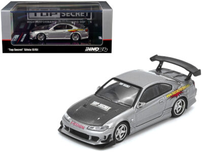 Nissan "Top Secret" Silvia (S15) RHD (Right Hand Drive) Silver Metallic with Carbon Hood 1/64 Diecast Model Car by Inno Models