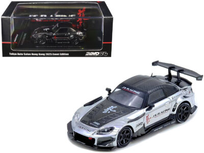 Honda S2000 RHD (Right Hand Drive) "J's Racing" Chrome Silver with Carbon Hood and Top with Graphics "Tokyo Auto Salon Hong Kong 2025 Event Edition" 1/64 Diecast Model Car by Inno Models