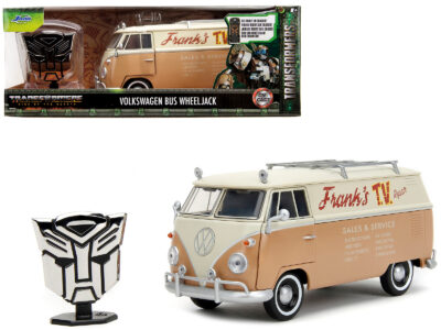 Volkswagen Bus "WheelJack" Tan and Beige "Frank's TV Repair" and Transformers Logo Diecast Statue "Transformers: Rise of the Beasts" (2023) Movie "Hollywood Rides" Series 1/24 Diecast Model Car by Jada