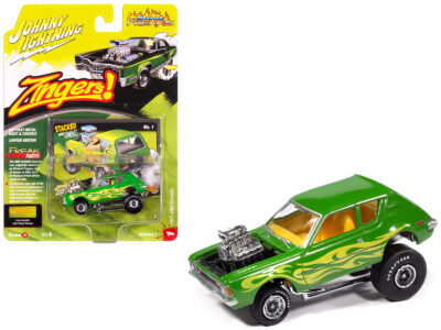 1971 AMC Gremlin Lime Green Metallic with Yellow Flames and Interior "Zingers!" Series 1/64 Diecast Model Car by Johnny Lightning