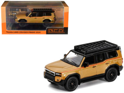 2024 Toyota Land Cruiser Prado Gold Metallic with Red Stripes and Roof Rack 1/64 Diecast Model Car by GCD