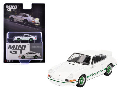 Porsche 911 Carrera RS 2.7 Grand Prix White with Green Stripes and Wheels Limited Edition 1/64 Diecast Model Car by Mini GT