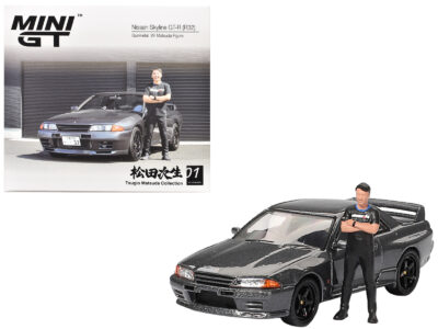 Nissan Skyline GT-R (R32) RHD (Right Hand Drive) Gunmetal Gray Metallic with Tsugio Matsuda Figure Limited Edition 1/64 Diecast Model Car by Mini GT
