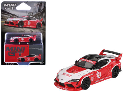 Toyota GR Supra "LB-Works" Red with White Stripes and Black Top Limited Edition 1/64 Diecast Model Car by Mini GT