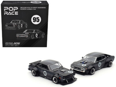 Skyline GT-R V8 Drift "Hakosuka" RHD (Right Hand Drive) #95 Black and Datsun Laurel C130 RHD (Right Hand Drive) Black 2 Car Box Set "Hong Kong Toycar Salon 2025" 1/64 Diecast Model Car by Pop Race