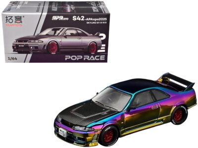 Skyline GT-R (R33) RHD (Right Hand Drive) Chameleon Chrome with Carbon Hood "APA XPO 2025 Exclusive" 1/64 Diecast Model Car by Pop Race