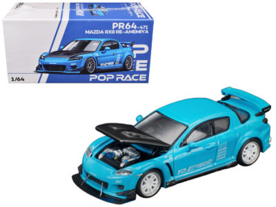 Mazda RX8 RE Amemiya RHD (Right Hand Drive) Light Blue with Carbon Hood "Tokyo Auto Salon 2026" 1/64 Diecast Model Car by Pop Race