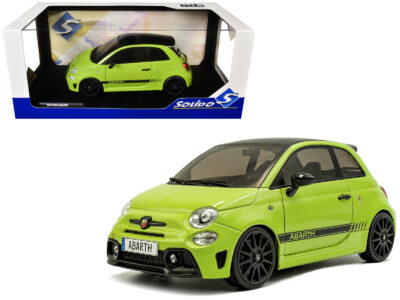 2023 Fiat F595 Abarth Verde Adrenalina Green with Black Top and Stripes 1/18 Diecast Model Car by Solido