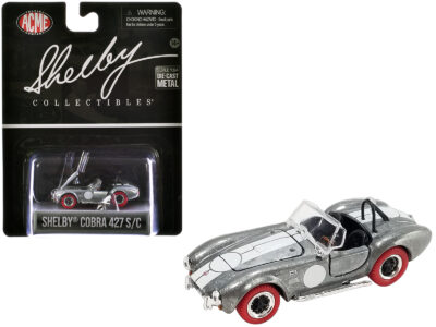 Shelby Cobra 427 S/C Raw Metal with White Stripes and Red Tires "Shelby Collectibles" Series 1/64 Diecast Model Car by ACME