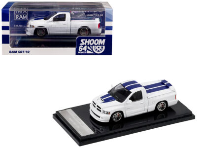 2003 Dodge Ram SRT-10 Pickup Truck White with Blue Stripes 1/64 Diecast Model Car by Shoom64 Models