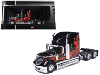 2010 International Lonestar Truck Tractor Black with Flame Graphics 1/64 Diecast Model by IXO Models
