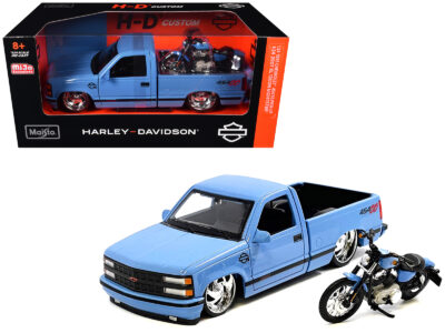 1993 Chevrolet 454 SS Pickup Truck "Harley Davidson" Light Blue and 2007 Harley-Davidson XL 1200N Nightster Motorcycle Light Blue "H-D Custom" Series 1/24 Diecast Model Car by Maisto