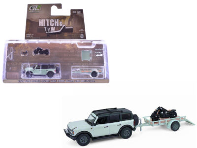 2021 Ford Bronco 4-Door Badlands Cactus Gray with Black Top and Motorcycle with Utility Trailer "Hitch & Tow" Series 33 1/64 Diecast Model Cars by Greenlight