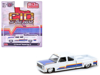 1975 Chevrolet Cheyenne Super 30 Dually Pickup Truck White with Blue Hood and Stripes Limited Edition to 8800 pieces Worldwide 1/64 Diecast Model Car by M2 Machines