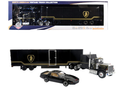 1980 GMC General Truck with Box Trailer Black with Gold Stripes and 1982 Pontiac Firebird Trans Am Black "Knight Set" "North American Vintage Truck Collection" Limited Edition to 252 pieces Worldwide 1/43 Diecast Model by Iconic Replicas