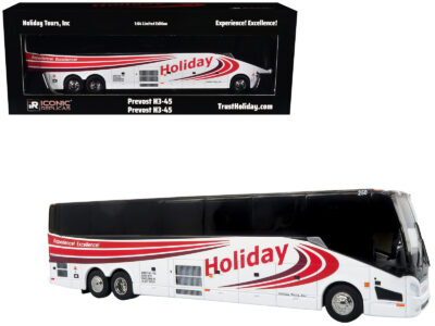 Prevost H3-45 Coach Bus "Holiday Tours" White with Red Graphics Limited Edition 1/64 Diecast Model by Iconic Replicas