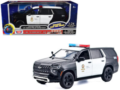 2025 Chevrolet Tahoe PPV "LAPD (Los Angeles Police Department)" Black and White with Flashing Light Bar and Front and Rear Lights and Sounds 1/24 Diecast Model Car by Motormax
