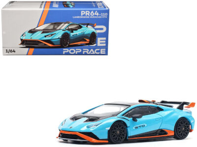 Lamborghini Huracan STO Blue with Black Top and Orange Accents 1/64 Diecast Model Car by Pop Race