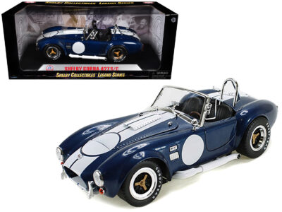 1965 Shelby Cobra 427 S/C Dark Blue Metallic with White Stripes with Printed Carroll Shelby's Signature on the Trunk 1/18 Diecast Model Car by Shelby Collectibles