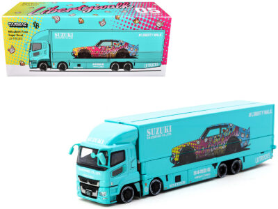 Mitsubishi Fuso Truck with Transporter "Liberty Walk - Suzuki Transport" Light Blue with Graphics "Truck64" Series 1/64 Diecast Model Car by Tarmac Works