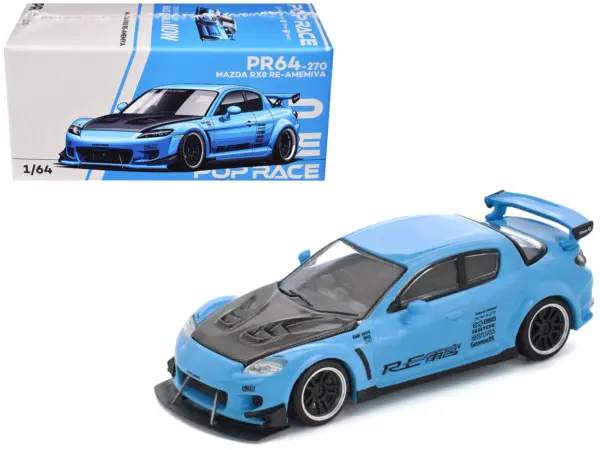Mazda RX8 RE-Amemiya Widebody RHD (Right Hand Drive) Light Blue with Carbon Hood 1/64 Diecast Model Car by Pop Race #1