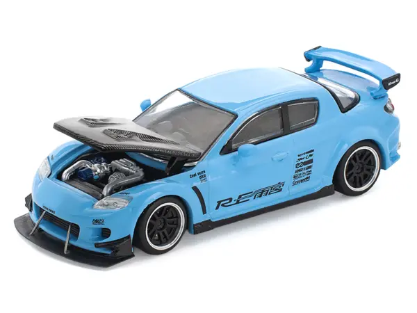 Mazda RX8 RE-Amemiya Widebody RHD (Right Hand Drive) Light Blue with Carbon Hood 1/64 Diecast Model Car by Pop Race #2