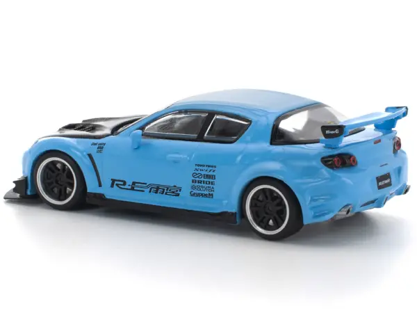 Mazda RX8 RE-Amemiya Widebody RHD (Right Hand Drive) Light Blue with Carbon Hood 1/64 Diecast Model Car by Pop Race #5