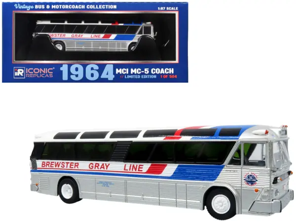 1964 MCI MC-5A Coach Bus "Brewster Gray Line" Silver with Blue and Red Stripes "Vintage Bus & Motorcoach Collection" Limited Edition to 504 pieces Worldwide 1/87 (HO) Diecast Model by Iconic Replicas #1