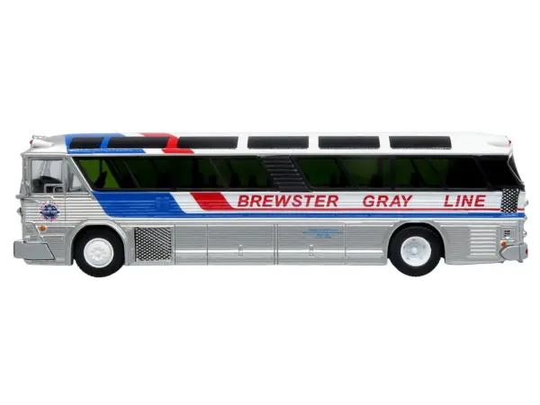 1964 MCI MC-5A Coach Bus "Brewster Gray Line" Silver with Blue and Red Stripes "Vintage Bus & Motorcoach Collection" Limited Edition to 504 pieces Worldwide 1/87 (HO) Diecast Model by Iconic Replicas #2