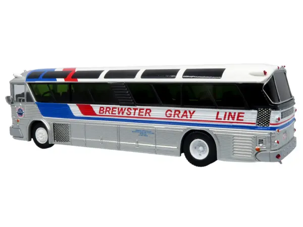 1964 MCI MC-5A Coach Bus "Brewster Gray Line" Silver with Blue and Red Stripes "Vintage Bus & Motorcoach Collection" Limited Edition to 504 pieces Worldwide 1/87 (HO) Diecast Model by Iconic Replicas #3