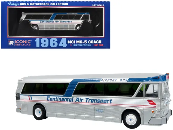 1964 MCI MC-5A Coach Bus "Continental Air Transport" Silver with Blue Stripes "Vintage Bus & Motorcoach Collection" Limited Edition to 504 pieces Worldwide 1/87 (HO) Diecast Model by Iconic Replicas #1