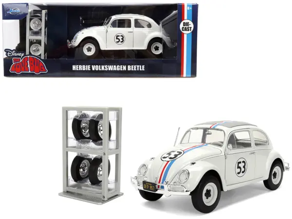 Volkswagen Beetle #53 "Herbie" White with Stripes "The Love Bug" (1968) Movie with Extra Wheels 1/24 Diecast Model Car by Jada #1