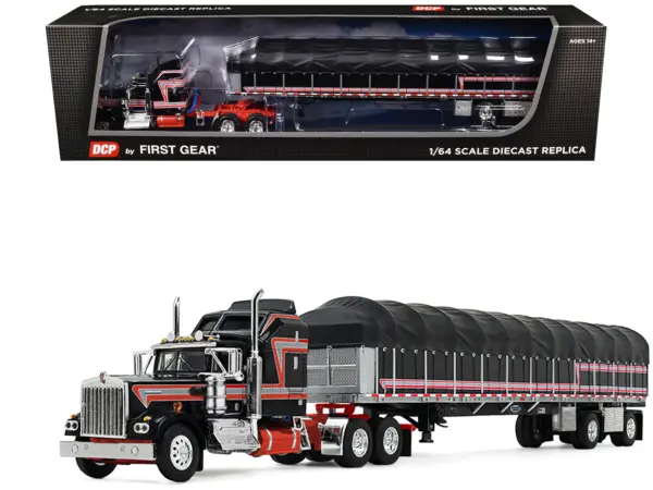 Kenworth W900A with 60" Aerodyne Sleeper and 53’ Wilson Roadbrute Flatbed Trailer with Covered Wagon Black with Red Stripes 1/64 Diecast Model by DCP/First Gear #1