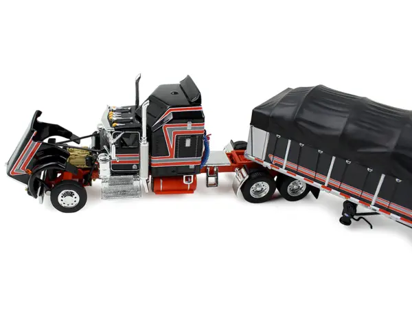 Kenworth W900A with 60" Aerodyne Sleeper and 53’ Wilson Roadbrute Flatbed Trailer with Covered Wagon Black with Red Stripes 1/64 Diecast Model by DCP/First Gear #2