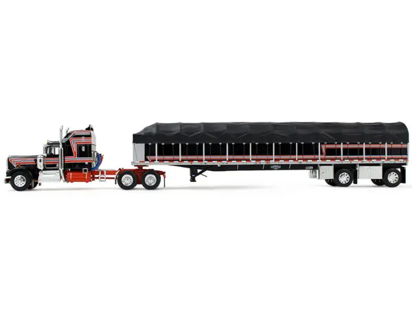 Kenworth W900A with 60" Aerodyne Sleeper and 53’ Wilson Roadbrute Flatbed Trailer with Covered Wagon Black with Red Stripes 1/64 Diecast Model by DCP/First Gear #3