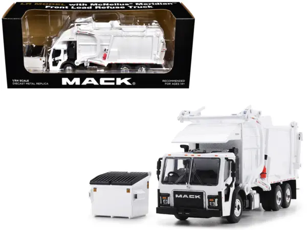 Mack LR Refuse Garbage Truck with McNeilus Meridian Front Loader White with Trash Bin 1/64 Diecast Model by DCP/First Gear #1