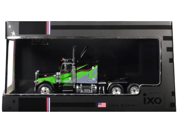 1973 Peterbilt 359 Truck Tractor Black and Lime Green with Graphics 1/64 Diecast Model by IXO Models #1