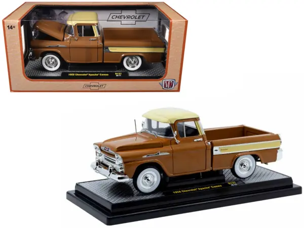 1958 Chevrolet Apache Cameo Pickup Truck Brown with Beige Top Limited Edition to 5250 pieces Worldwide 1/24 Diecast Model Car by M2 Machines #1