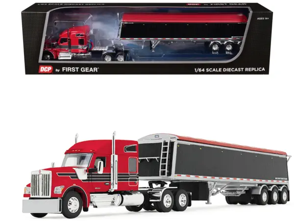 Kenworth W990 with 76" Mid-Roof Sleeper and Lode King Distinction Hopper Trailer Red and Black 1/64 Diecast Model by DCP/First Gear #1