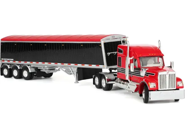 Kenworth W990 with 76" Mid-Roof Sleeper and Lode King Distinction Hopper Trailer Red and Black 1/64 Diecast Model by DCP/First Gear #3