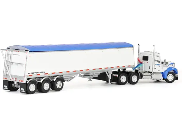 Kenworth W990 Day Cab and Lode King Distinction Hopper Trailer White and Blue 1/64 Diecast Model by DCP/First Gear #5
