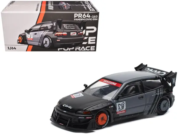 Pandem Civic EG6 RHD (Right Hand Drive) "Kanjozoku" Matt Black and Gray with Graphics 1/64 Diecast Model Car by Pop Race #1