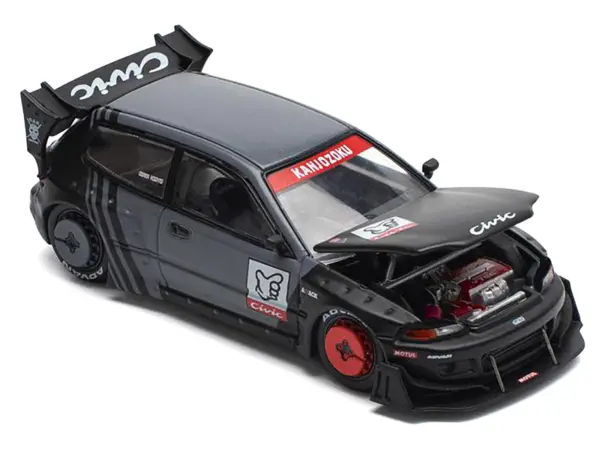 Pandem Civic EG6 RHD (Right Hand Drive) "Kanjozoku" Matt Black and Gray with Graphics 1/64 Diecast Model Car by Pop Race #2