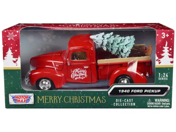 1940 Ford Pickup Truck Red "Merry Christmas" with Tree Accessory 1/24 Diecast Model Car by Motormax #1