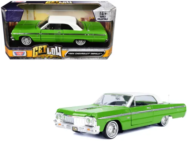 1964 Chevrolet Impala Lowrider Hard Top Green with White Top "Get Low" Series 1/24 Diecast Model Car by Motormax #1